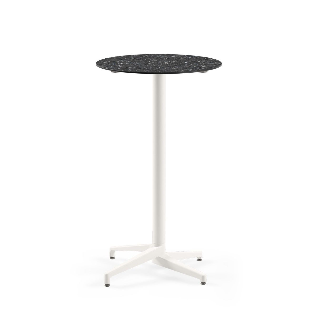Compact Paslanmaz Bistro Cafe Bar Masası – Beyaz Terrazzo Mermer Desenli Laminat Üst, Yuvarlak, Dış Mekan ve İç Mekan Kullanımı için Şık ve Dayanıklı Bar Masası - 77 cm Çap