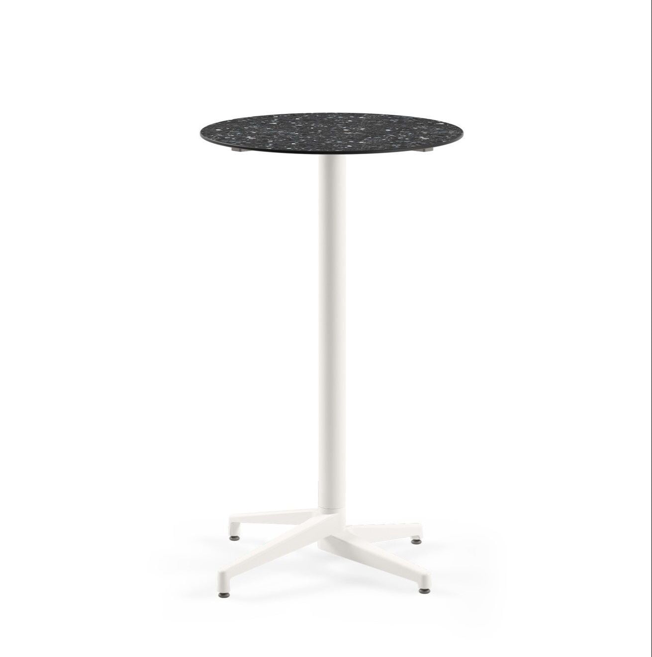 Compact Paslanmaz Bistro Cafe Bar Masası – Beyaz Terrazzo Mermer Desenli Laminat Üst, Yuvarlak, Dış Mekan ve İç Mekan Kullanımı için Şık ve Dayanıklı Bar Masası - 77 cm Çap