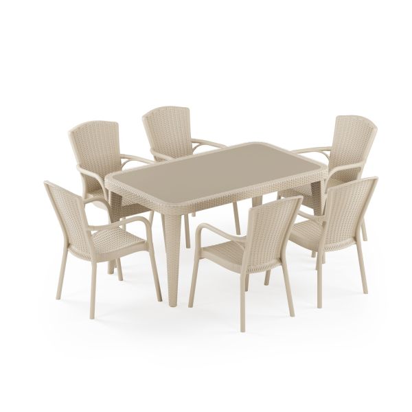 Bej 6 Kişilik Dış Mekan Bahçe Masa Sandalye Takımı 90x150