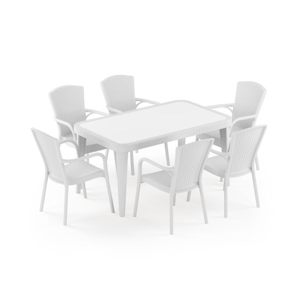 Beyaz 6 Kişilik Dış Mekan Bahçe Masa Sandalye Takımı 90x150