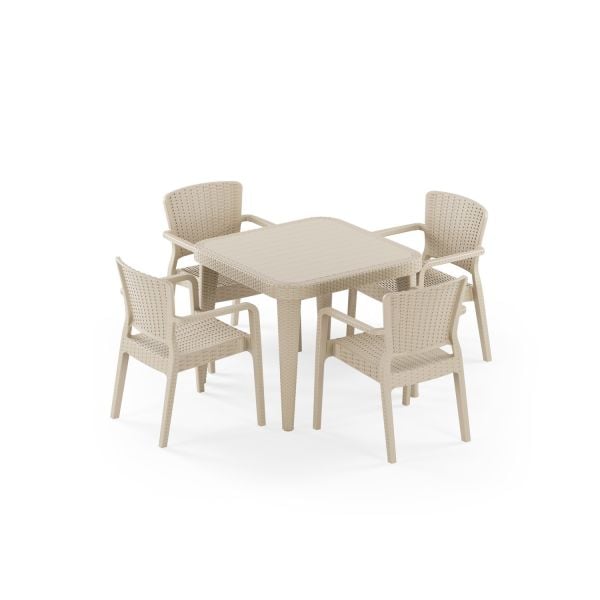 Bej Rattan Bahçe Masa Sandalye Takımı 4 Kişilik 90x90