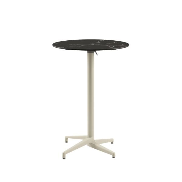 Compact Paslanmaz Katlanır Restaurant Bar Masası - 70 cm Çap, Siyah Mermer Desenli Laminat, Bej Renk Ayak, Dış Mekan ve İç Mekan Kullanımı için Uygun
