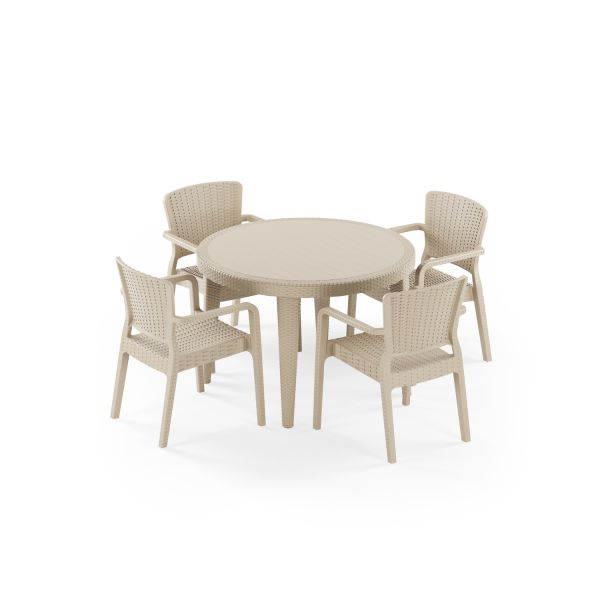 Bej Bahçe Masa Sandalye Takımı 4 Kişilik Yuvarlak 110 cm