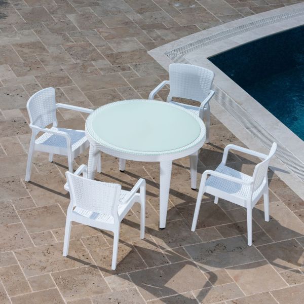 Beyaz Yuvarlak Bahçe Masa Sandalye Takımı 4 Kişilik 110 cm