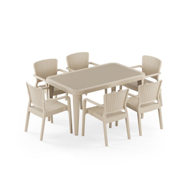 Bej 6 Kişilik Bahçe Masa Sandalye Takımı 90x150 cm