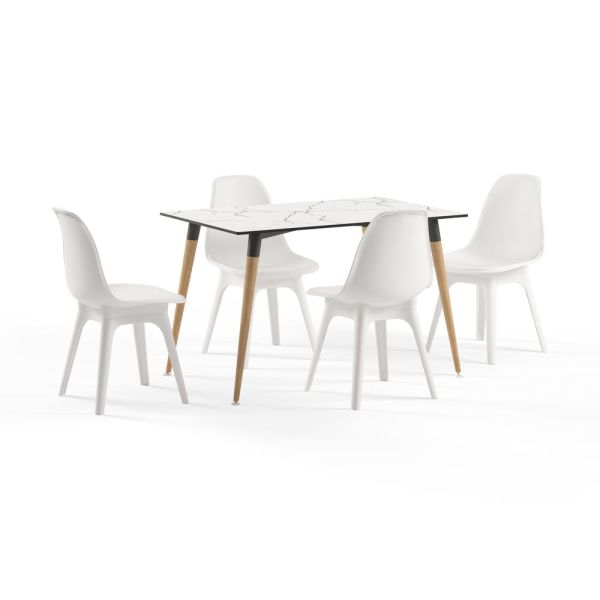 Isıya Ve Çizilmeye Karşı Çok Dayanıklı Örtü Sermeden Kullanılır Beyaz Mermer Compact Mutfak Masa Sandalye Takımı 77x120.cm