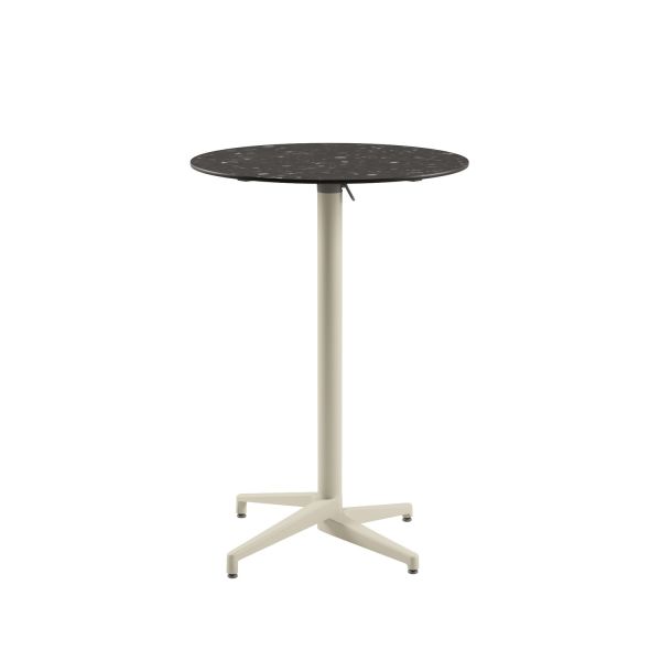 Compact Paslanmaz Katlanır Bahçe Bar Masası – 77 cm Yuvarlak Bej Ayaklı, Terrazzo Mermer Desenli Laminat Üst Tabla, Dayanıklı Dış Mekan Bar Masa