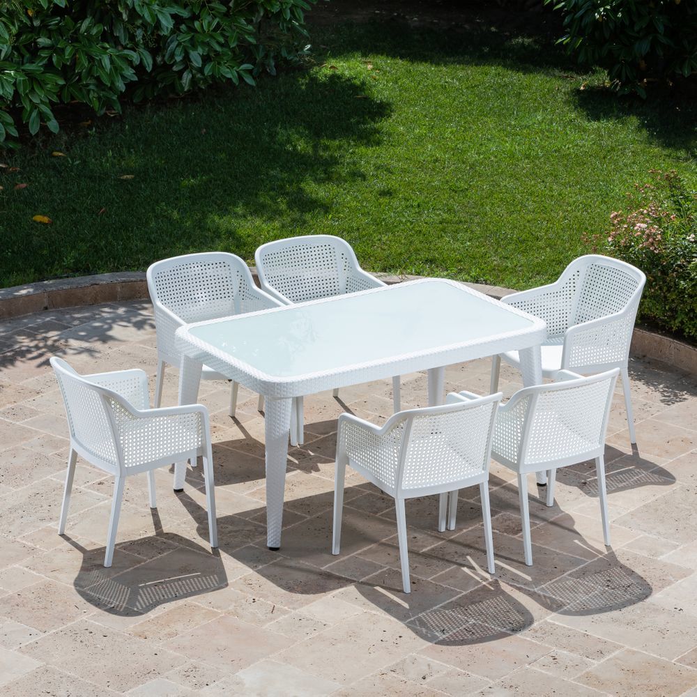 Beyaz 90x150 Bahçe Masa Sandalye 6 Kişilik Set