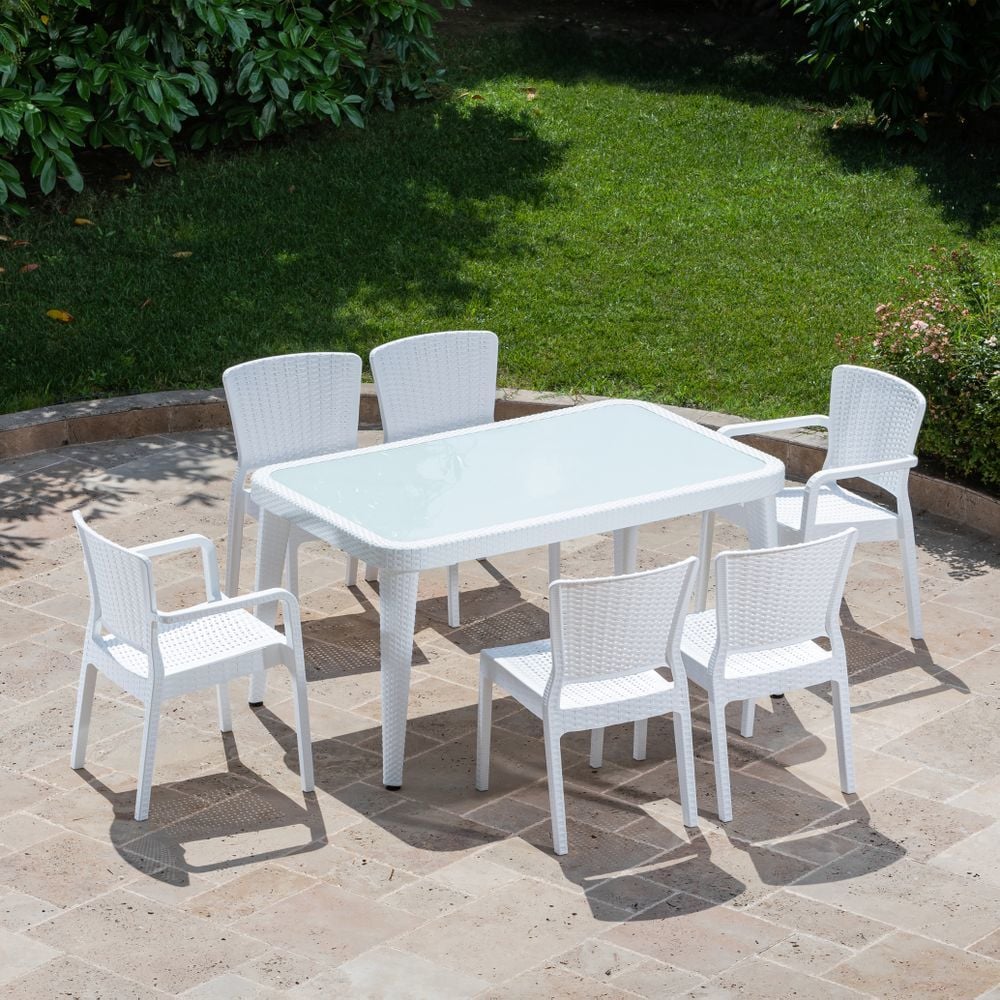 Beyaz Bahçe Masa Sandalye Takımı 6 Kişilik Rattan Plastik