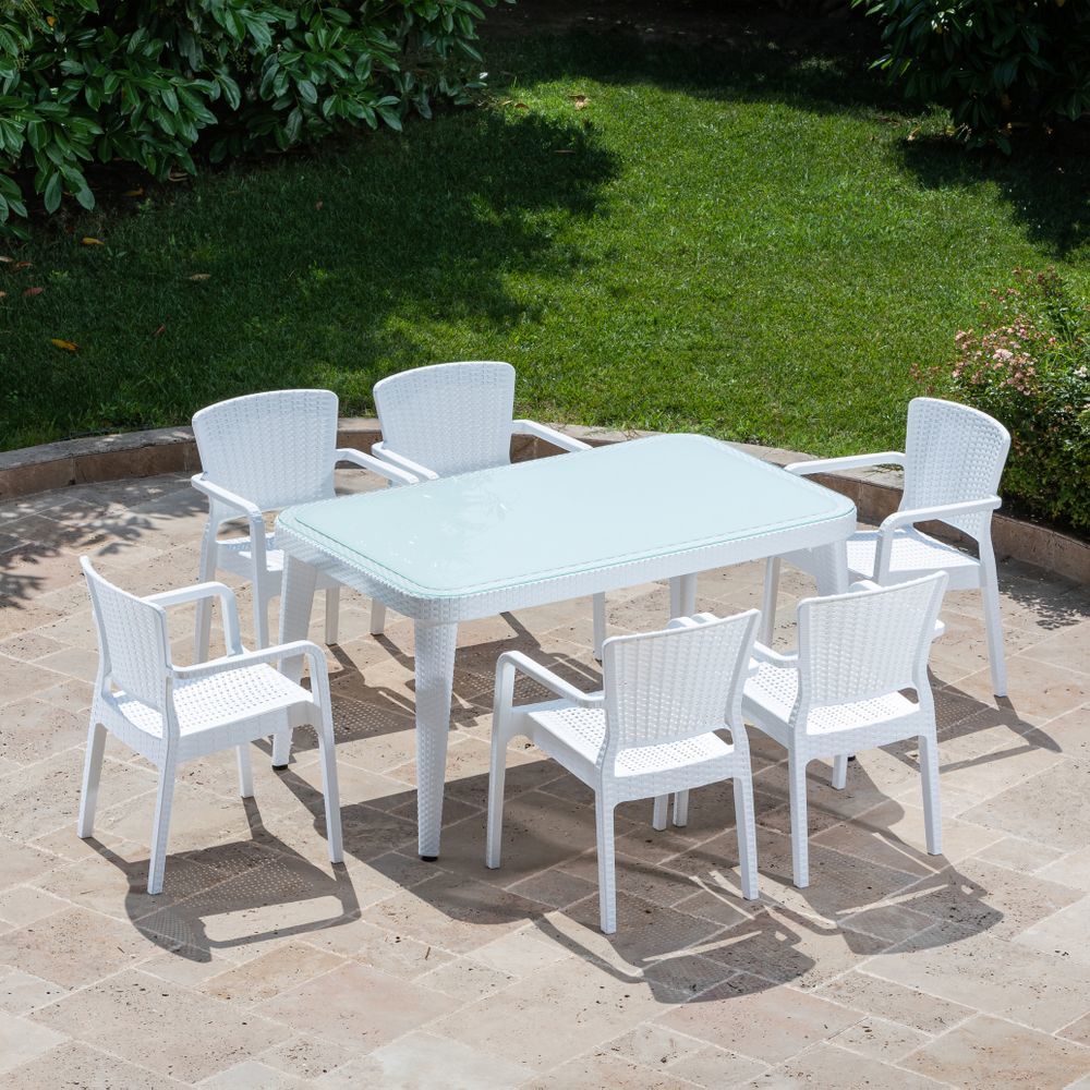 6 Kişilik Beyaz Dış Mekan Bahçe Masa Sandalye 90x150