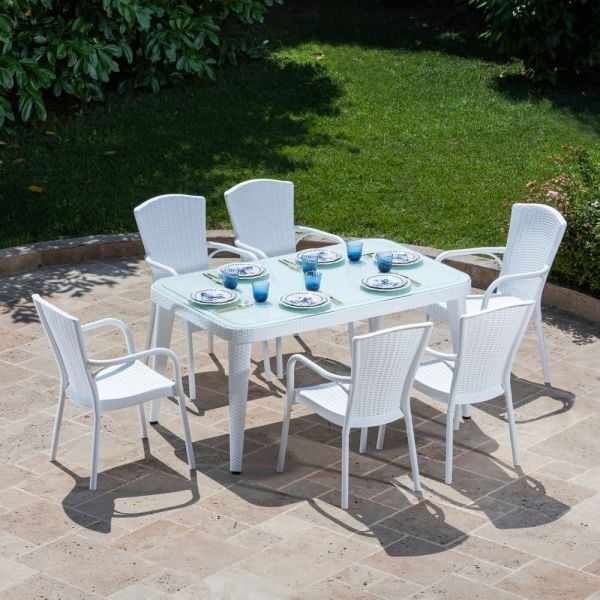 Beyaz 90x150 6 Kişilik Bahçe Yemek Masası Takımı