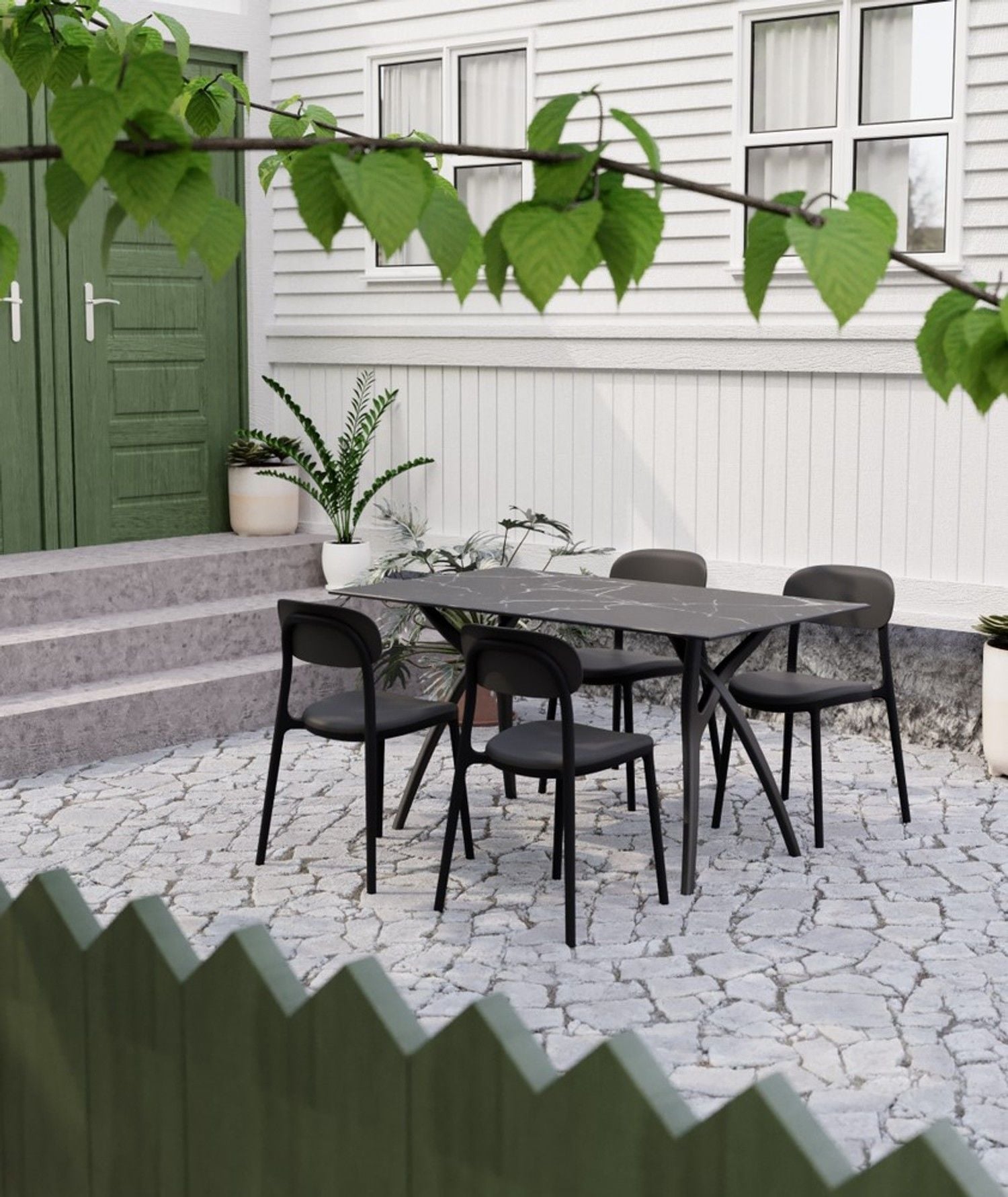 Siyah Antrasit Bahçe Masa Sandalye Takımı – 4 Sandalye + 120x77 Compact Masa | Dış Mekan İçin Şık ve Dayanıklı Takım