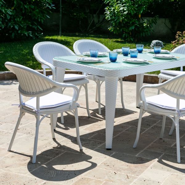 Beyaz 90x150 Rattan Plastik Bahçe Masa Takımı 6 Kişilik