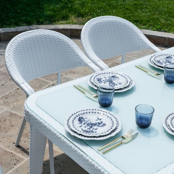 Beyaz 90x150 Rattan Plastik Bahçe Masa Takımı 6 Kişilik