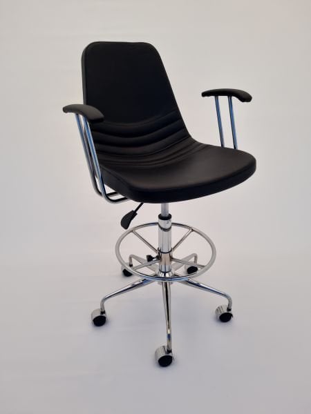 Tekerlekli Siyah Deri Kollu Bar Sandalyesi Amortisörlü