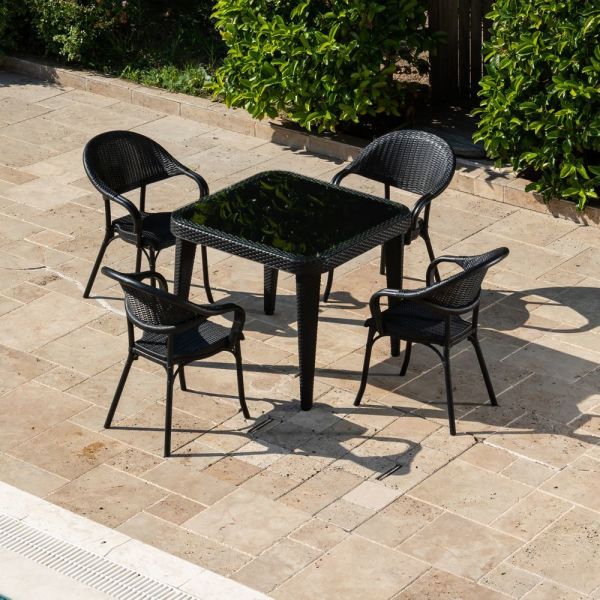 Siyah Dış Mekan Bahçe Masa Sandalye Takımı - 4 Kişilik, Kare 90x90 cm - Otel, Restoran, Cafe ve Ev Bahçesi İçin İdeal