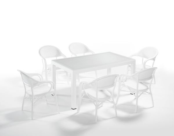 Beyaz Bambu Rattan 6 Kişilik 150x90 Bahçe Masa Sandalye Seti