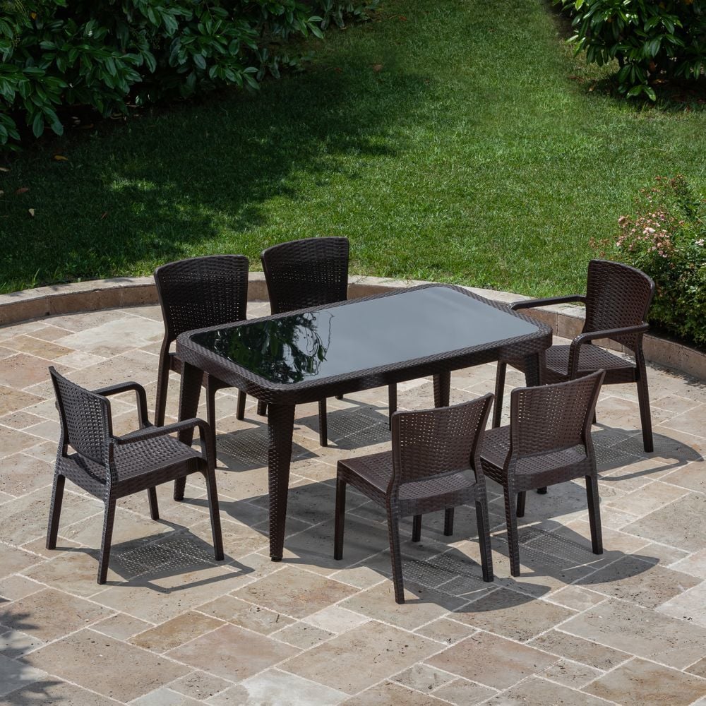 Wenge Plastik Bahçe Masa Sandalye Takımı 6 Kişilik 90x150