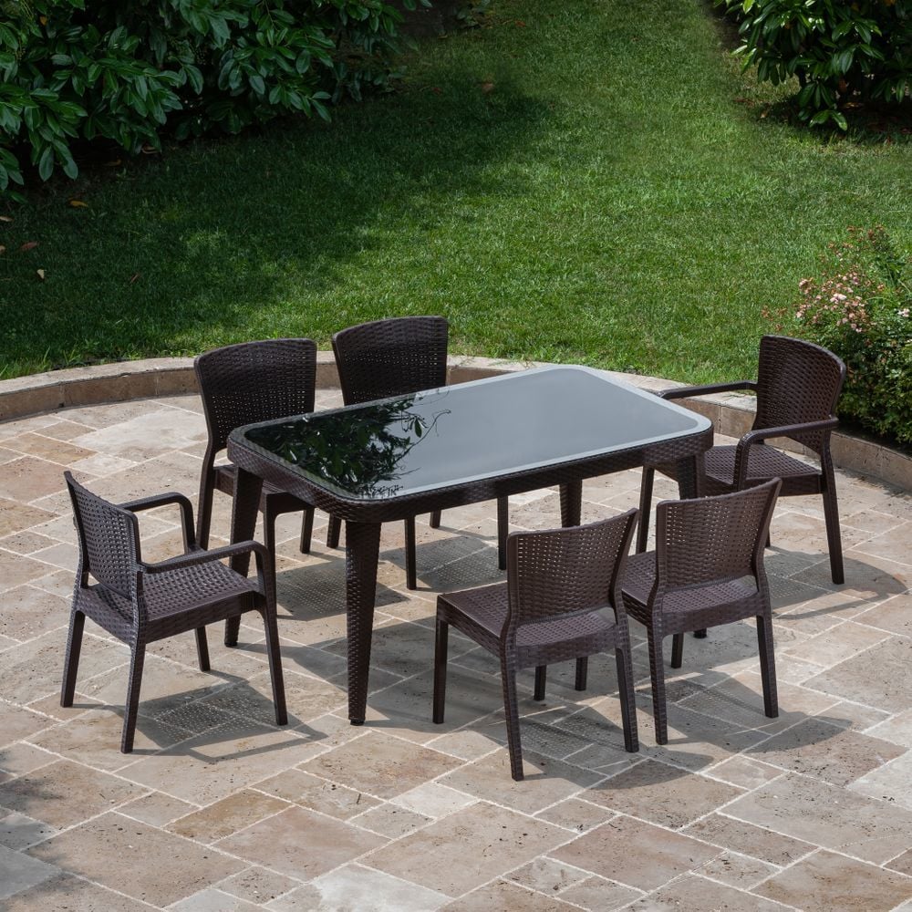 Wenge Bahçe Masa Sandalye Takımı 6 Kişilik 90x150 Rattan