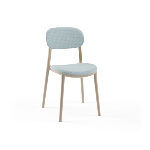 Kum Beji Plastik Gövde Açık Mavi Kumaş Döşemeli Cafe Sandalyesi Modern ve Dayanıklı Tasarım