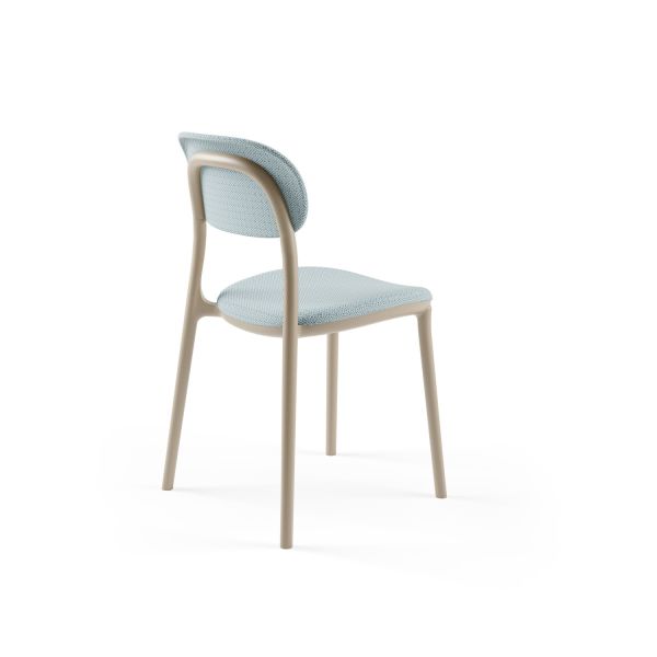 Kum Beji Plastik Gövde Açık Mavi Kumaş Döşemeli Cafe Sandalyesi Modern ve Dayanıklı Tasarım