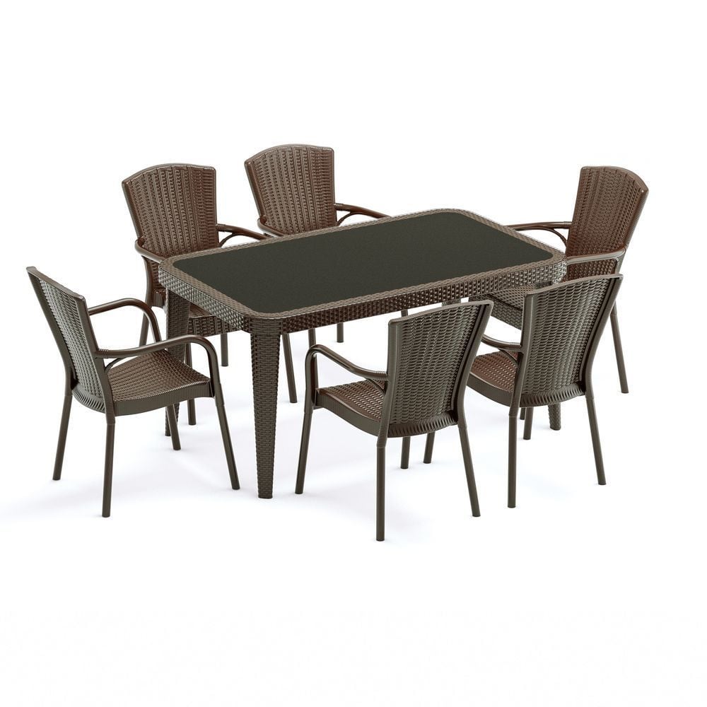 Venge Rattan Plastik Bahçe Masa Sandalye Takımı 6 Kişilik 90x150 cm Dikdörtgen Çok Amaçlı Kullanıma Uygun