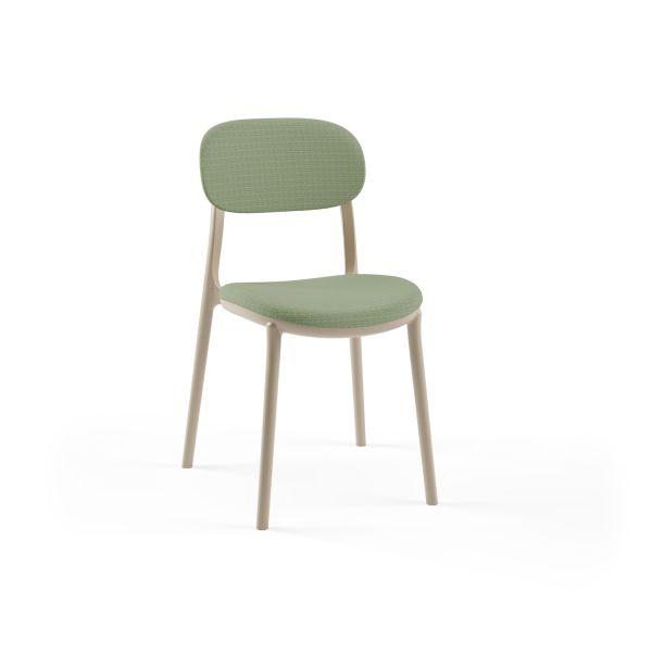 Kum Beji Plastik Gövdeli ve Yeşil Kumaş Döşemeli Modern Zarif Mutfak Sandalyesi – Dayanıklı ve Hafif Çok Amaçlı Kullanıma Uygun Sandalye Modeli