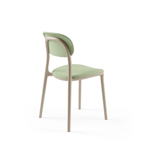 Kum Beji Plastik Gövdeli ve Yeşil Kumaş Döşemeli Modern Zarif Mutfak Sandalyesi – Dayanıklı ve Hafif Çok Amaçlı Kullanıma Uygun Sandalye Modeli