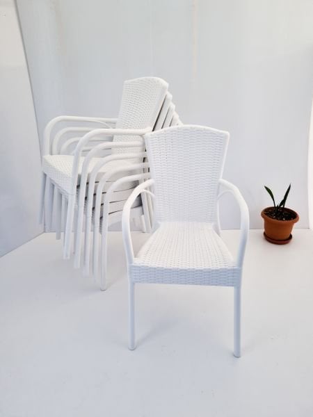 6 Adet Beyaz Rattan Desenli Plastik Bahçe Sandalyesi