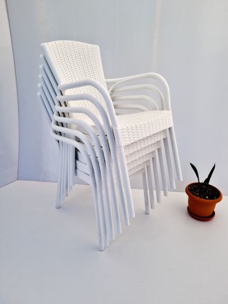6 Adet Beyaz Rattan Desenli Plastik Bahçe Sandalyesi